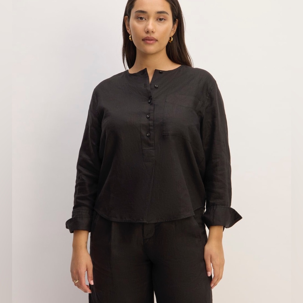 EVERLANE The Popover Shirt Linen Long Sleeve Blouse Black Sz 4 Small